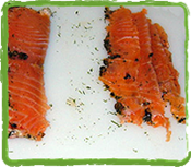 Slices of gravlax, cured salmon